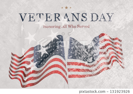 Patriotic Veterans Day greeting with the text Happy Veterans Day Honoring All Who Served over the United States flag on a wooden surface. Concept of American patriotism. 131923926
