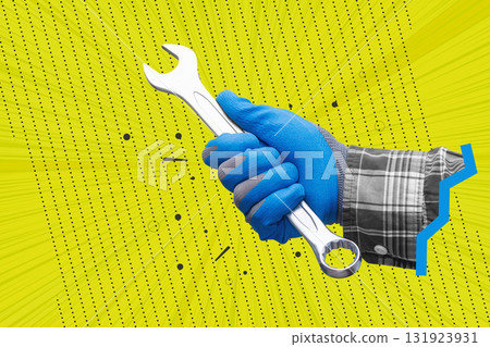 Creative pop art collage featuring a worker hand in blue gloves holding a metal wrench on bright yellow abstract background. Concept of construction, mechanical repair, DIY and manual labor. Creative pop art collage featuring a worker hand in blue gloves holding a metal wrench on bright yellow abstract background. Concept of construction, mechanical repair, DIY and manual labor. 131923931