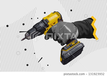 Pop art collage showing a worker hand in protective gloves holding a yellow cordless drill on a white abstract background. Concept of construction work, renovation, DIY and industrial tools. Pop art collage showing a worker hand in protective gloves holding a yellow cordless drill on a white abstract background. Concept of construction work, renovation, DIY and industrial tools. 131923932