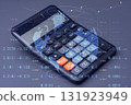 Calculator with a digital world map and stock data overlay. Technology concept global finance, trading analytics, and digital economy trends. 131923949