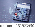 Calculator with a digital world map and stock data overlay. Technology concept global finance, trading analytics, and digital economy trends. 131923950