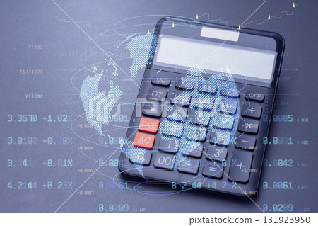 Calculator with a digital world map and stock data overlay. Technology concept global finance, trading analytics, and digital economy trends. Calculator with a digital world map and stock data overlay. Technology concept global finance, trading analytics, and digital economy trends. 131923950
