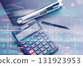 Digital calculator showing 2025 on display with business pen and documents with financial data overlay. Professional accounting and business analysis concept with numerical statistics and charts. 131923953