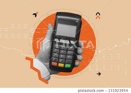 Art collage for digital payments, card terminals, and modern transaction technologies. Concept fintech, retail and e-commerce in a cashless economy. 131923954