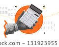 Business and financial concept. Hand holding a white calculator against a background with abstract arrows, charts, and numbers. Art collage for budgeting, fintech content and economic forecasts. 131923955