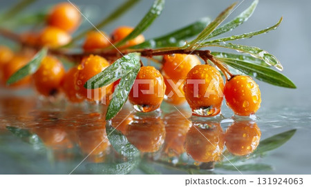 Sea buckthorn branch with vibrant berries reflecting in water droplets on a smooth surface 131924063