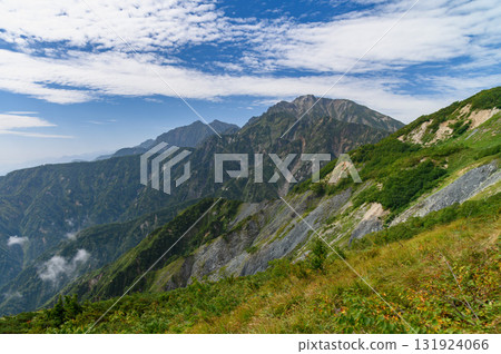 Spectacular mountain ranges seen from Mt. Karamatsu in the Northern Alps in early autumn (Mt. Goryu) 131924066