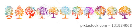 colored fruit tree cartoon set. A set of different trees. Hand drawn. Not AI, vector illustration. 131924068