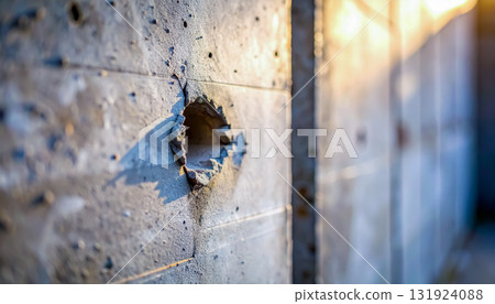 Close-up of a damaged concrete wall / Textured background material that gives a sense of the passage of time and traces 131924088