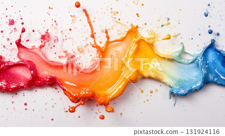 Colorful paint splashing in dynamic wave on white background for creative design concepts. Bright and joyful illustration in red, orange, and blue 131924116