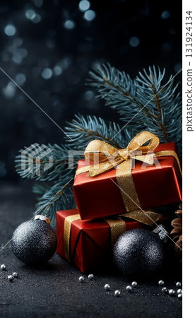 Festive Christmas Still Life with Red Gift Boxes, Golden Ribbons, Fir Branches, and Silver Ornaments Festive Christmas Still Life with Red Gift Boxes, Golden Ribbons, Fir Branches, and Silver Ornaments 131924134