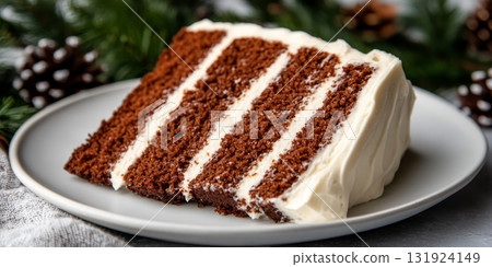 Festive Slice of Gingerbread Cake with Cream Cheese Frosting, a Perfect Holiday Dessert Treat 131924149