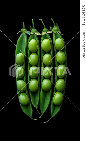 Close-Up Studio Shot of Fresh Green Pea Pods with Peas on Dark Background, Natural Vegetable Harvest 131924150