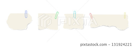 Paper notes with clips. Vector template with blank sheets, sticky notes, and ripped paper pieces for stationery, reminders, or collage design. Paper notes with clips. Vector template with blank sheets, sticky notes, and ripped paper pieces for stationery, reminders, or collage design. 131924221