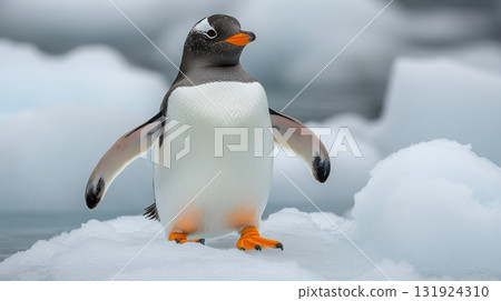 Gentoo Penguin Displaying Its Proud Chest While Walking in the Snowy Antarctic Habitat Environment 131924310