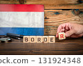 Wooden blocks spelling BORDER in front of Netherlands flag 131924348