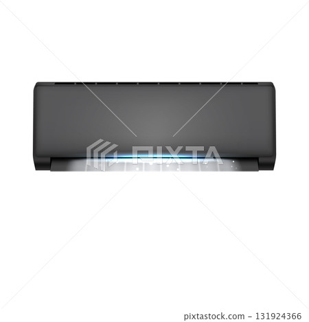 Black air conditioner icon with air flow, particles, and a glow effect. Black air conditioner icon with air flow, particles, and a glow effect. 131924366