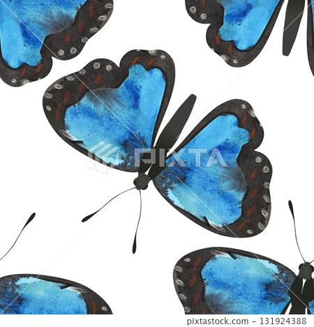 Blue Morpho Butterfly. Seamless watercolor pattern for printing on fabric, textiles, wrapping paper, bags, notebooks and notepads. Spring summer 2026 Blue Morpho Butterfly. Seamless watercolor pattern for printing on fabric, textiles, wrapping paper, bags, notebooks and notepads. Spring summer 2026 131924388