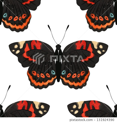 Red admiral Butterfly. Seamless watercolor pattern for printing on fabric, textiles, wrapping paper, bags, notebooks and notepads. Fashion ss26 131924390