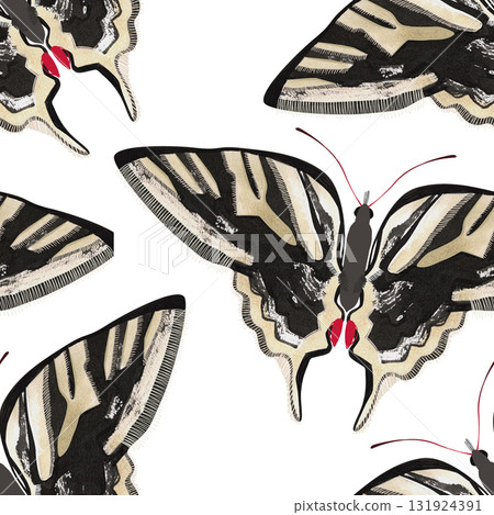 Zebra swallowtail Butterfly. Seamless watercolor pattern for printing on fabric, textiles, wrapping paper, bags, notebooks and notepads. Spring summer 2026 131924391