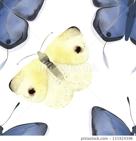 Long tailed Blue butterfly and Cabbage White or Pieris Rapae. Seamless watercolor pattern for printing on fabric, textiles, wrapping paper, bags, notebooks and notepads. 131924396