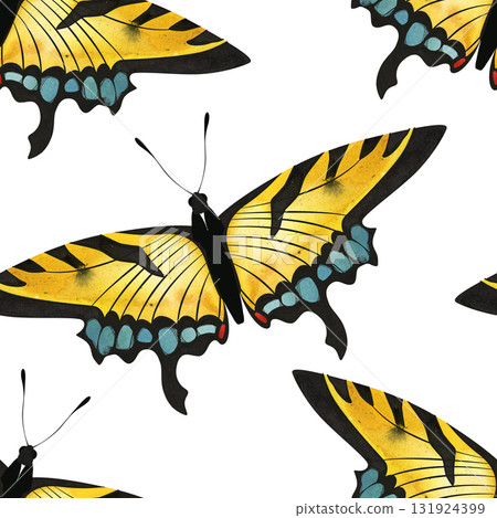 Butterfly. Eastern tiger swallowtail. Seamless watercolor pattern for printing on fabric, textiles, wrapping paper, bags, notebooks and notepads. Fashion print ss 2026 Butterfly. Eastern tiger swallowtail. Seamless watercolor pattern for printing on fabric, textiles, wrapping paper, bags, notebooks and notepads. Fashion print ss 2026 131924399