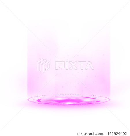 Neon pink portal ring with light effects, beams, particles, and a magical platform. 131924402