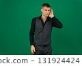 Set of videos with handsome European businessman in classic suit vest and black shirt showing different emotions gestures and confident poses on green chroma key background with copy space 131924424