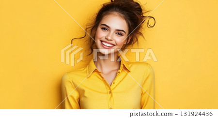 Radiant portrait of a smiling woman exuding warmth and joy against a vibrant yellow backdrop Radiant portrait of a smiling woman exuding warmth and joy against a vibrant yellow backdrop 131924436
