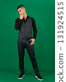 Set of videos with handsome European businessman in classic suit vest and black shirt showing different emotions gestures and confident poses on green chroma key background with copy space 131924515