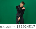 Set of videos with handsome European businessman in classic suit vest and black shirt showing different emotions gestures and confident poses on green chroma key background with copy space 131924517