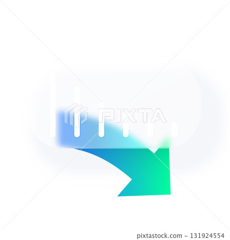 A minimalist chart in a glassmorphic style with a blue-green downward arrow. 131924554
