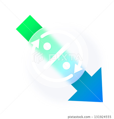 Percent chart graph glassmorphism effect, transparent blur button with percentage on gradient decrease arrow graphic 131924555
