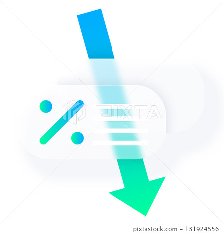 Percent chart graph glassmorphism effect, vector transparent blur button with percentage sign on green blue down arrow 131924556