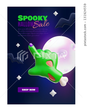 Halloween spooky sale 3D vector banner, cartoon creepy zombie green hand point gesture, monsters, full moon and bats 131924559