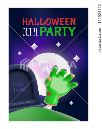 Halloween party October 31 3D vector poster design, creepy zombie green hand stretches up from the gravestone, full moon Halloween party October 31 3D vector poster design, creepy zombie green hand stretches up from the gravestone, full moon 131924560