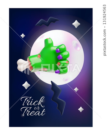 Trick or treat 3D cartoon vector poster, creepy zombie green hand thumbs up gesture, Halloween party, full moon and bats 131924563