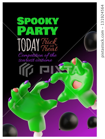 Happy Halloween spooky party today 3D cartoon vector poster, creepy zombie heart green hand gesture, Trick or treat 131924564