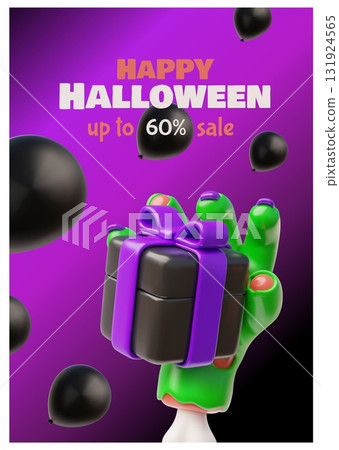 Happy Halloween sale 3D advertising vector poster, creepy zombie green hand holds gift box, special offer promotion 131924565