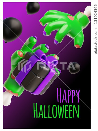 Happy Halloween spooky party 3D poster vector design, creepy zombie green hand gives a gift box, monsters walking dead Happy Halloween spooky party 3D poster vector design, creepy zombie green hand gives a gift box, monsters walking dead 131924566