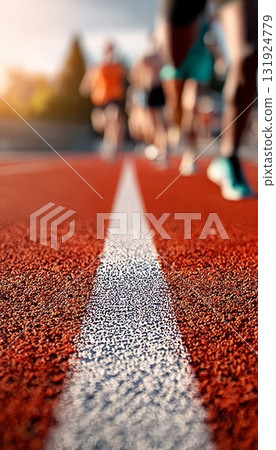 Athletes Training on Outdoor Running Track at Sunrise or Sunset, Embracing a Healthy Lifestyle 131924779