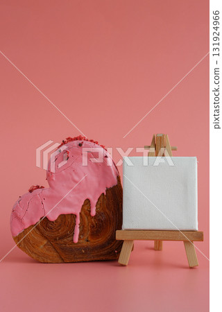 Heart shaped strawberry berry croissant on pink background with copy space. Puff pastry new trendy sweet dessert bakery. Creamy dough Heart shaped strawberry berry croissant on pink background with copy space. Puff pastry new trendy sweet dessert bakery. Creamy dough 131924966