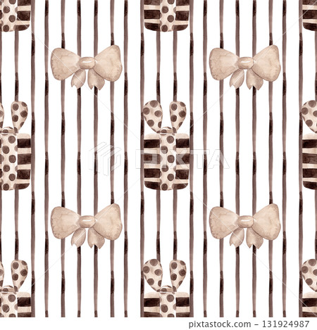 Modern striped seamless pattern. Thin vertical brown watercolor stripe and multi-colored bows with gift boxes. A simple and straightforward print for pillows, tablecloths, and other fabrics Modern striped seamless pattern. Thin vertical brown watercolor stripe and multi-colored bows with gift boxes. A simple and straightforward print for pillows, tablecloths, and other fabrics 131924987
