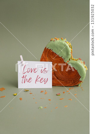 LOVE IS THE KEY text on paper note. Morning card Valentines day gift present Heart shaped pistachio croissant on green background with copy space. Puff pastry trendy sweet dessert bakery. Creamy dough LOVE IS THE KEY text on paper note. Morning card Valentines day gift present Heart shaped pistachio croissant on green background with copy space. Puff pastry trendy sweet dessert bakery. Creamy dough 131925032