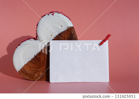 Empty template paper note mockup Heart shaped white chocolate croissant on pink background with copy space. Puff pastry new trendy sweet dessert bakery. Creamy dough Empty template paper note mockup Heart shaped white chocolate croissant on pink background with copy space. Puff pastry new trendy sweet dessert bakery. Creamy dough 131925051