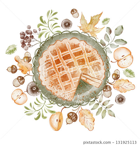 Apple pie with leaves in watercolor style. Dessert, pastry, fruitcake, baking, homemade, autumn background. Menu design, postcard, invitation, cafe illustration. 131925113