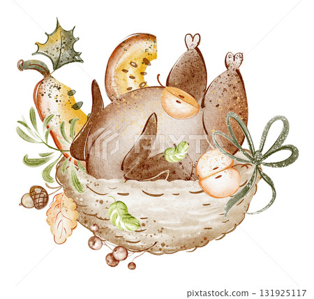 Fried turkey with apples, pumpkin, and parsley in a basket. Watercolor drawing for Thanksgiving celebration, dinner, and holiday meal planning. Isolated illustration for graphic design and menu design 131925117