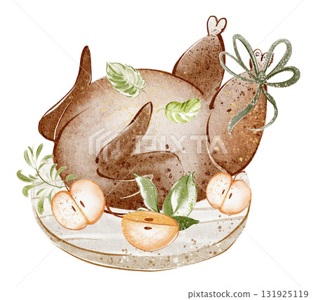 Fried turkey on a plate with apples. Watercolor illustration for Thanksgiving. Includes meal, poultry, herbs, and dinner elements. Top view of dish for menu or cooking projects. Fried turkey on a plate with apples. Watercolor illustration for Thanksgiving. Includes meal, poultry, herbs, and dinner elements. Top view of dish for menu or cooking projects. 131925119