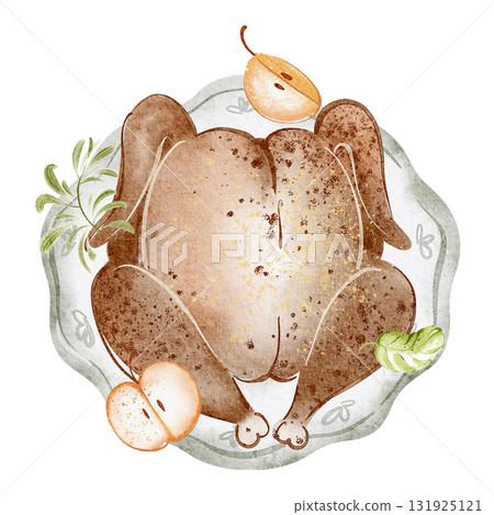 Watercolor illustration of fried turkey with apples on plate. Thanksgiving dish with poultry, herbs, and meal items. Perfect for menus, recipes, and holiday projects. 131925121