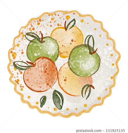 Hand painted watercolor illustration of a plate with apples. Isolated still life clip art for food design, cooking books, menu, and market themes. Top view composition with fresh fruits. 131925135
